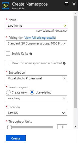  Create an event hub namespace
